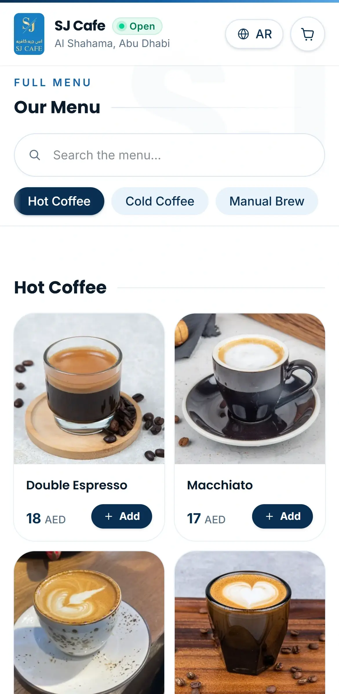 SJ Cafe concept menu on a phone: “Our Menu” with a search field, category tabs and Hot Coffee items with photos and prices.
