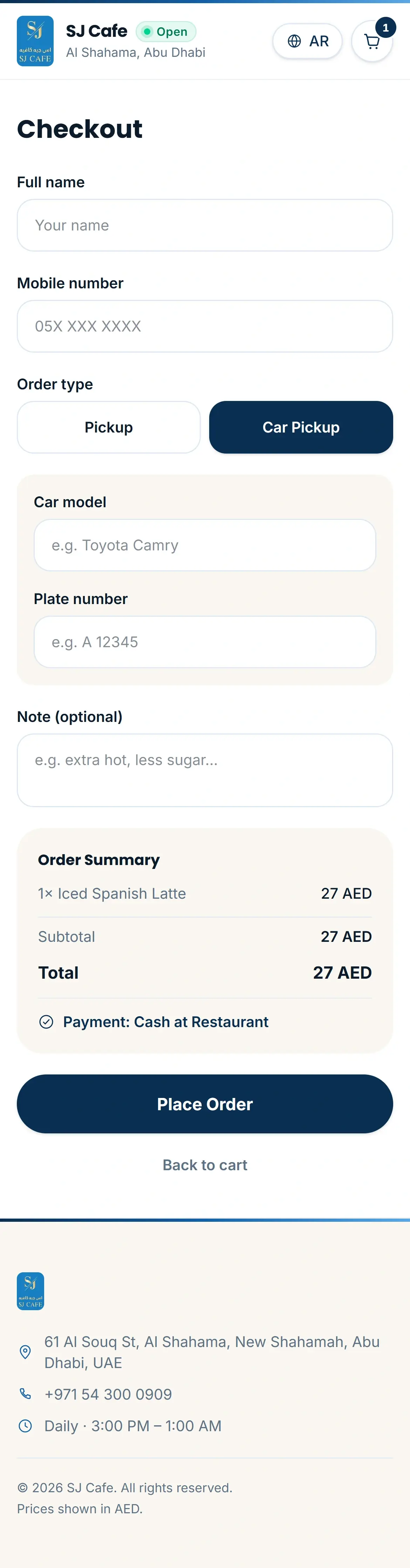 SJ Cafe concept checkout with Car Pickup selected: car model and plate fields, the order summary, payment in cash at the café and Place Order.